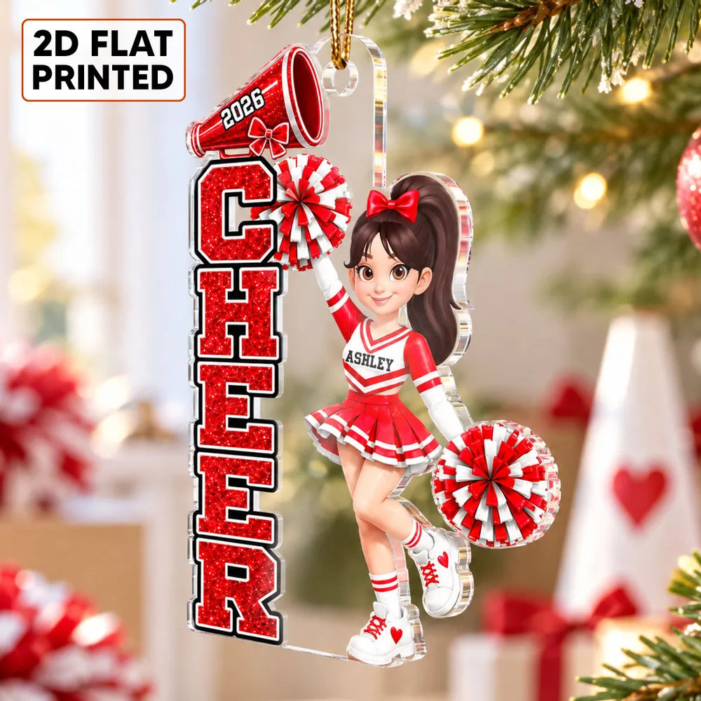 Custom Acrylic Ornament, Cheerleader with Raised Pom-Poms, Red & Pink Christmas Tree Decor, Creative Gift for Cheerleaders