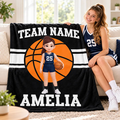 Personalized Fleece Blanket with Cartoon Player Holding a Basketball, Unique Gift for Young Athletes