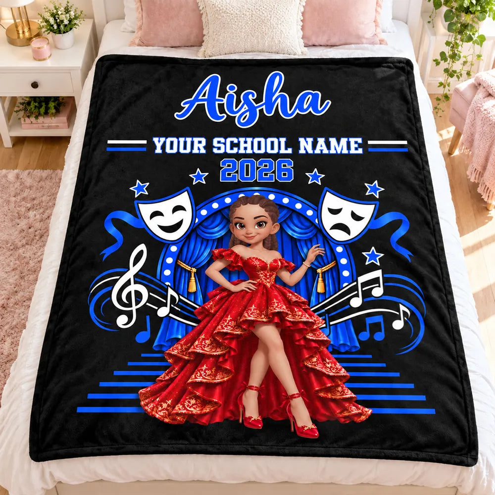 Personalized Fleece Blanket Featuring a Posing Theater Girl on a Red Stage, Unique Gift for Drama Students