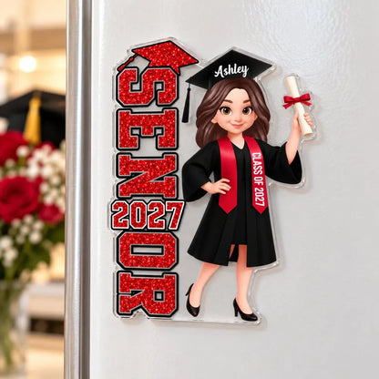 Personalized Acrylic Magnet, Red and Black Graduate Holding Diploma, Unique Graduation Gift for Daughter, Son