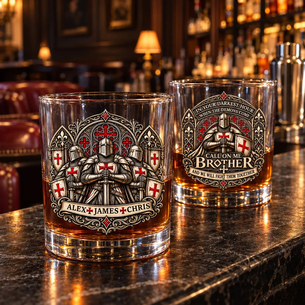Personalized Whiskey Glass with Armored Knights, Unique Gift for Brother in Red, Black and Gold