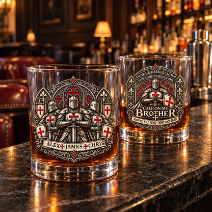 Personalized Whiskey Glass with Armored Knights, Unique Gift for Brother in Red, Black and Gold