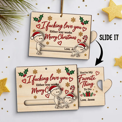 Personalized Wooden Sliding Ornament, Playfully Posing Cartoon Couple, Unique Christmas Gift for Partner