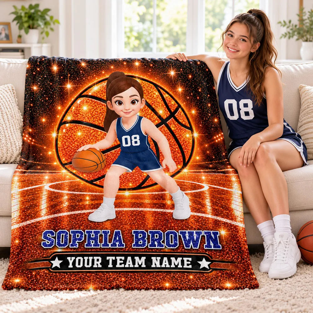 Personalized Fleece Blanket, Cartoon Basketball Girl Dribbling on Sparkling Court, Unique Gift for Daughter