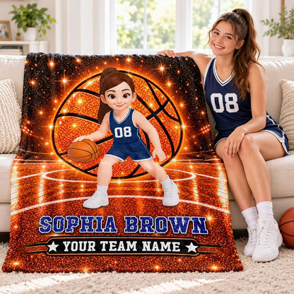 Personalized Fleece Blanket, Cartoon Basketball Girl Dribbling on Sparkling Court, Unique Gift for Daughter