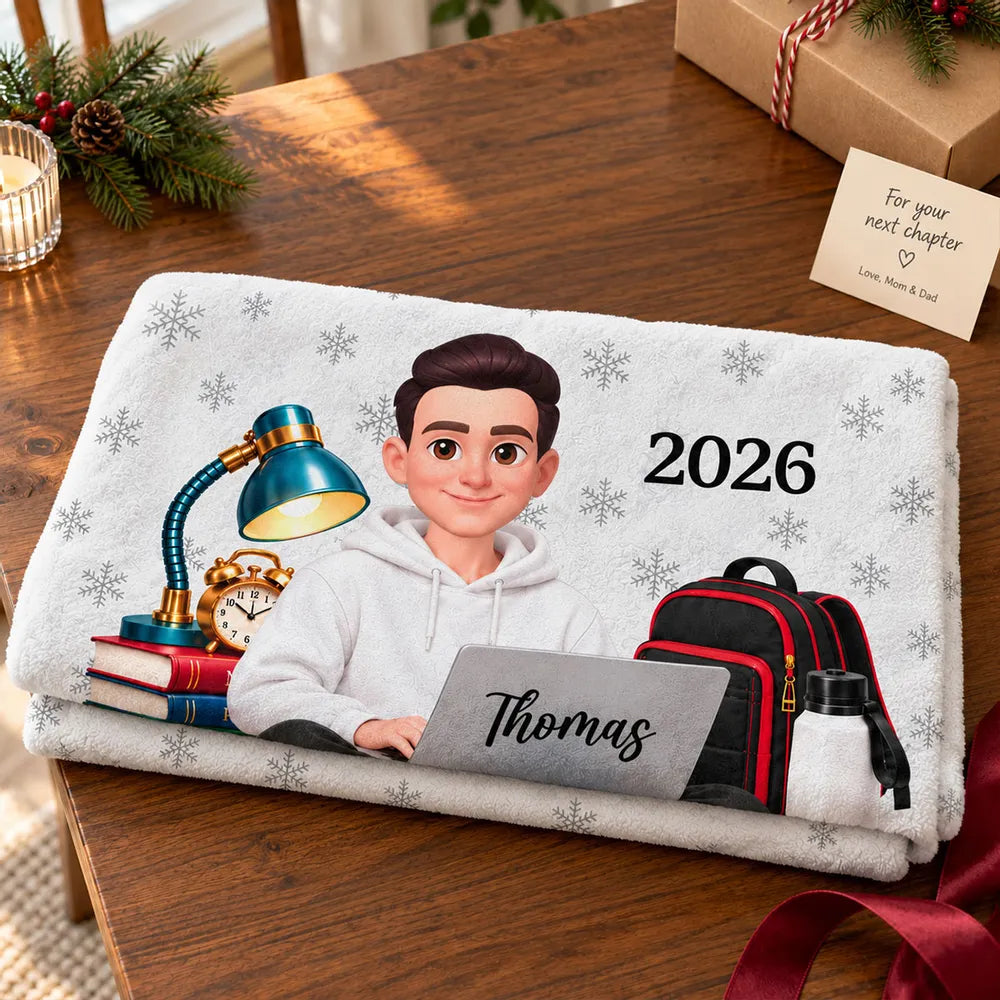 Personalized Fleece Blanket, Freshman Student Studying With Laptop, Unique Christmas Gift