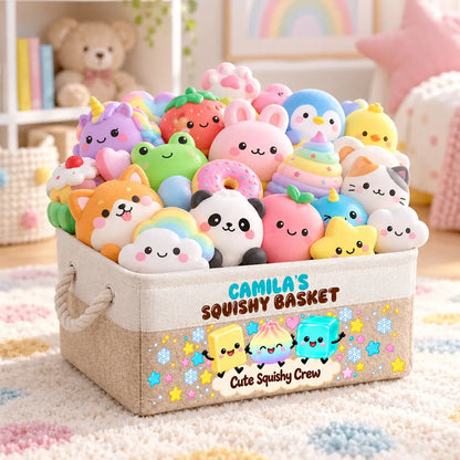 Personalized Cotton Linen Rope Basket, Pastel Cute Squishy Crew Playroom Storage, Unique Gift for Kids