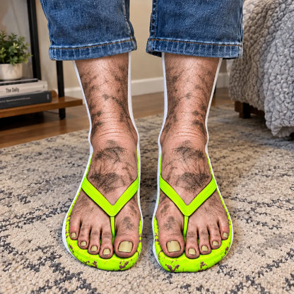 Personalized Crew Socks, Realistic Furry Feet in Green Flip Flops, Creative Gag Gift for Him or Her