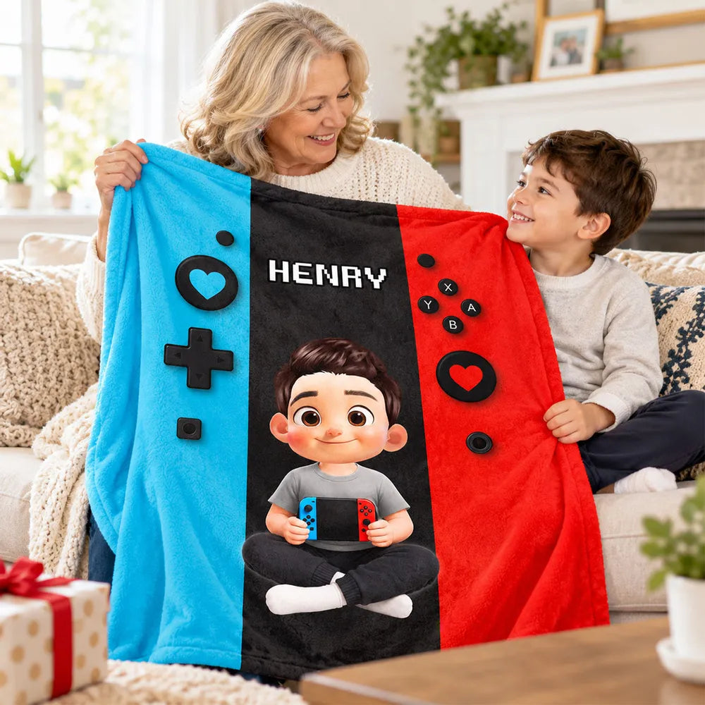 Personalized Fleece Blanket, Young Gamer Holding a Console, Heartfelt Creative Gift for Sons and Grandsons