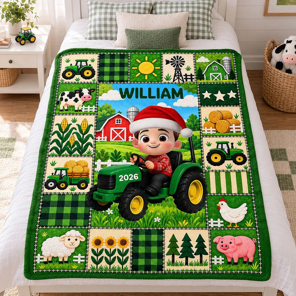 Personalized Fleece Blanket, Christmas Farm Boy Driving a Tractor, Unique Gift for Kids and Grandkids