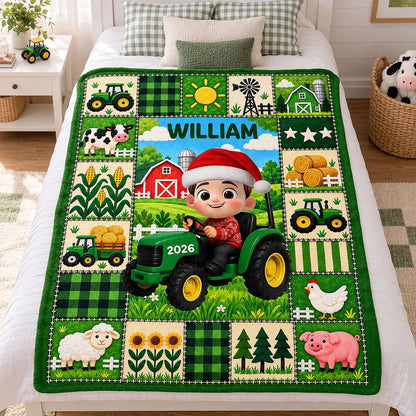 Personalized Fleece Blanket, Christmas Farm Boy Driving a Tractor, Unique Gift for Kids and Grandkids