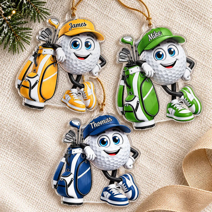 Personalized Acrylic Ornament, Smiling Golf Ball Leaning on Golf Bag, Unique Christmas Gift for Golfers