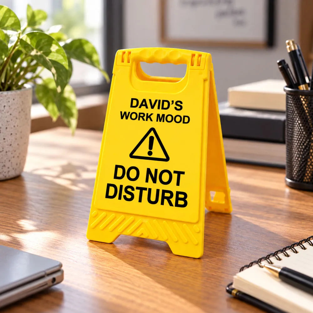 Personalized Warning Sign Phone Stand, Yellow Office Desk Decor, Unique Gift for Coworker