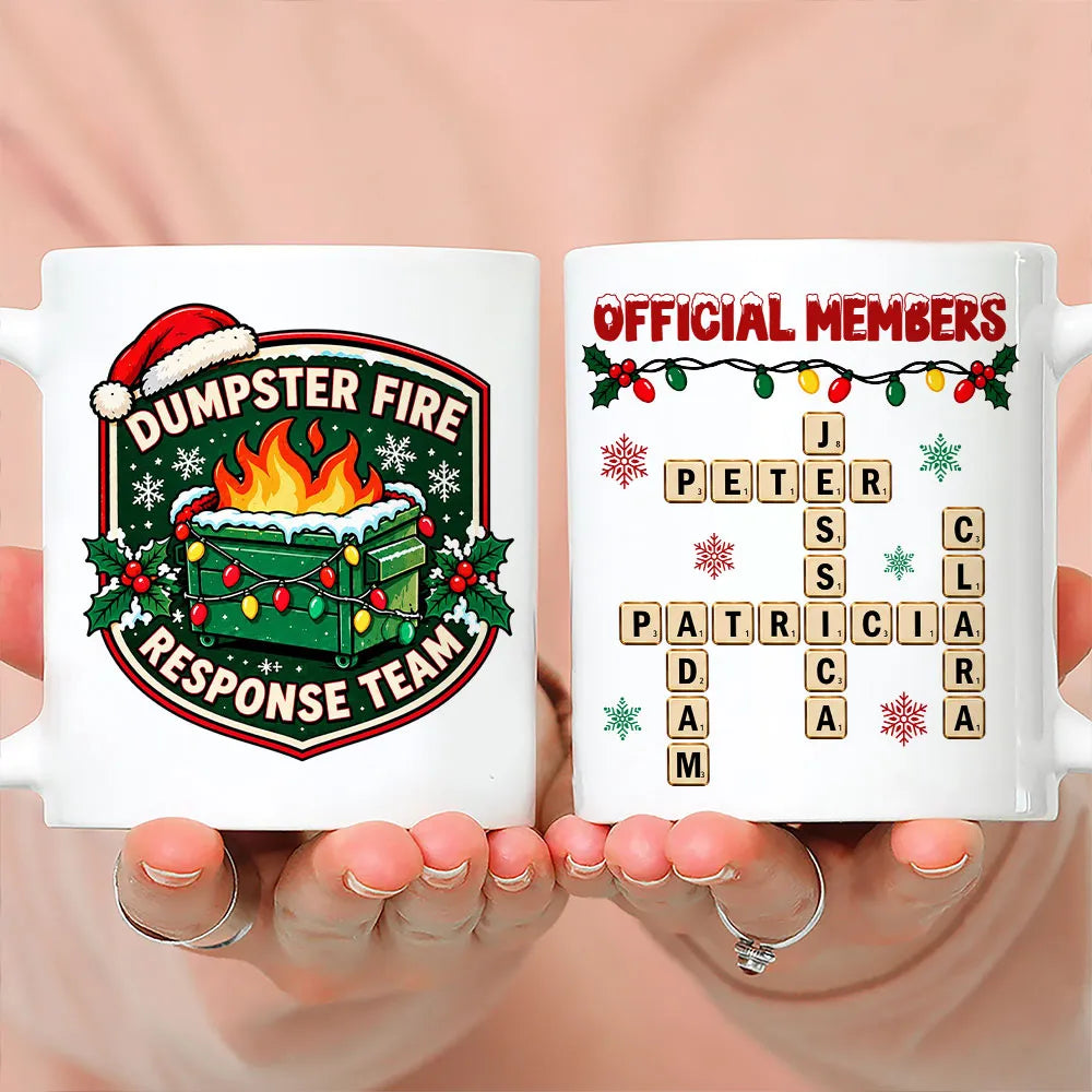 Personalized Mug with Funny Dumpster Fire Team Design, Red and Green Christmas Gift for Coworkers