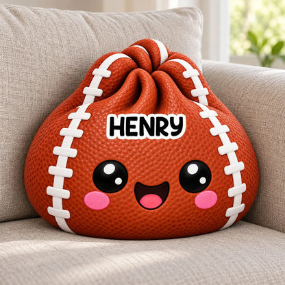 Personalized Sports Ball Shaped Pillow, Hugged by a Smiling Child on a Cozy Sofa, Unique Gift for Sports Fans