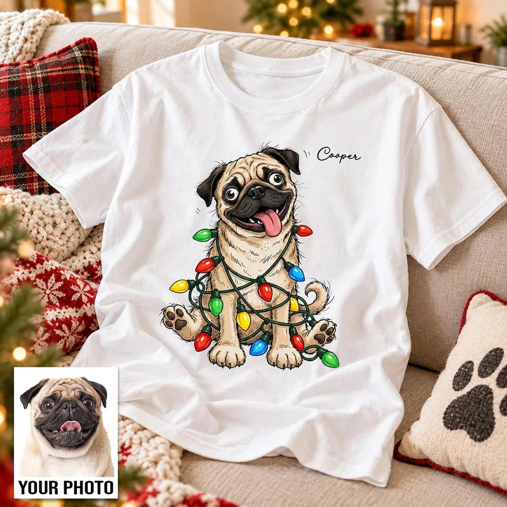 Personalized Classic Tee with Quirky Dog Portrait Tangled in Christmas Lights, Unique Gift for Dog Lovers