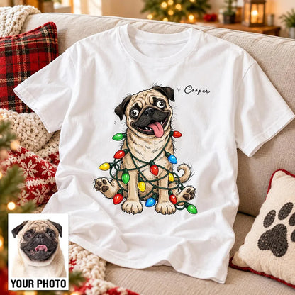 Personalized Classic Tee with Quirky Dog Portrait Tangled in Christmas Lights, Unique Gift for Dog Lovers