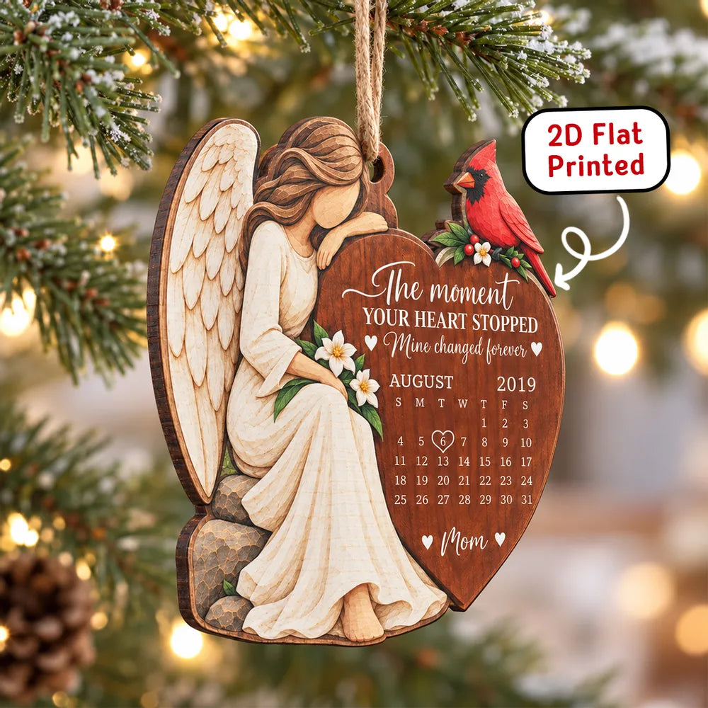 Personalized Wooden Ornament with Seated Angel and Cardinal, Unique Memorial Gift Honoring Mom