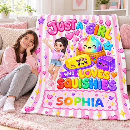 Personalized Fleece Blanket, Waving Girl with Rainbow Squishies, Unique Gift for Daughter