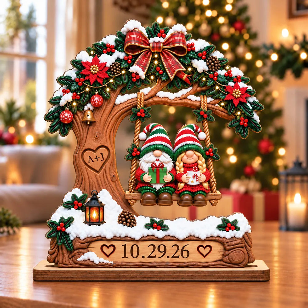 Personalized 2-Layer Wooden Plaque, Christmas Gnome Couple on Snowy Tree Swing, Unique Gift for Couples
