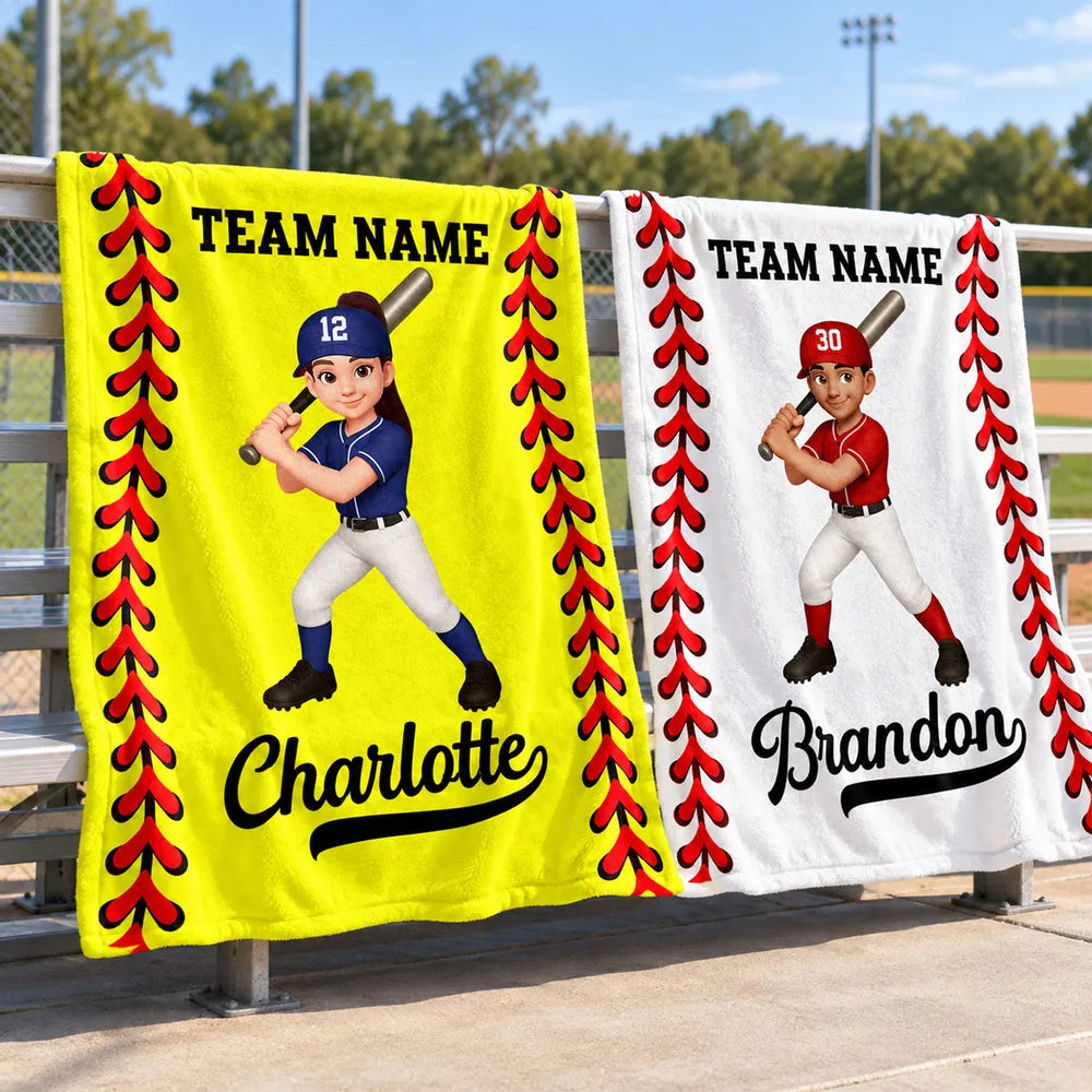 Personalized Fleece Blanket, Cartoon Baseball and Softball Player Holding a Bat, Unique Gift for Son or Daughter