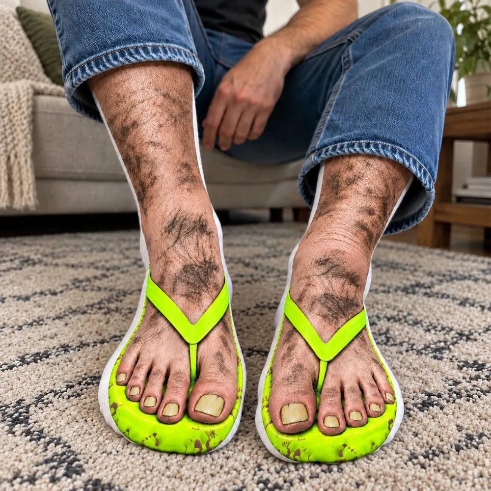 Personalized Crew Socks, Realistic Furry Feet in Green Flip Flops, Creative Gag Gift for Him or Her