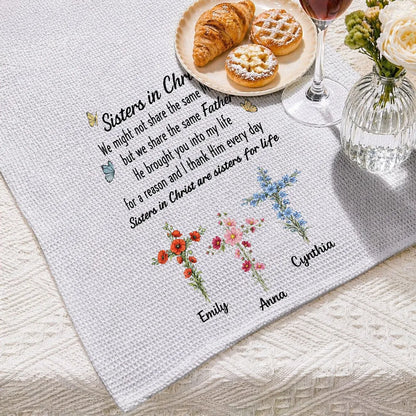 Personalized Kitchen Towel, Floral Crosses & Butterflies, Sisters in Christ, Unique Faith Gift for Sister