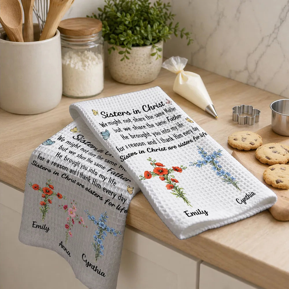 Personalized Kitchen Towel, Floral Crosses & Butterflies, Sisters in Christ, Unique Faith Gift for Sister