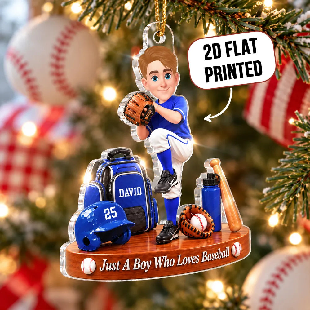 Personalized Baseball Boy Acrylic Ornament, Blue Pitching Player Christmas Decor, Unique Gift for Son