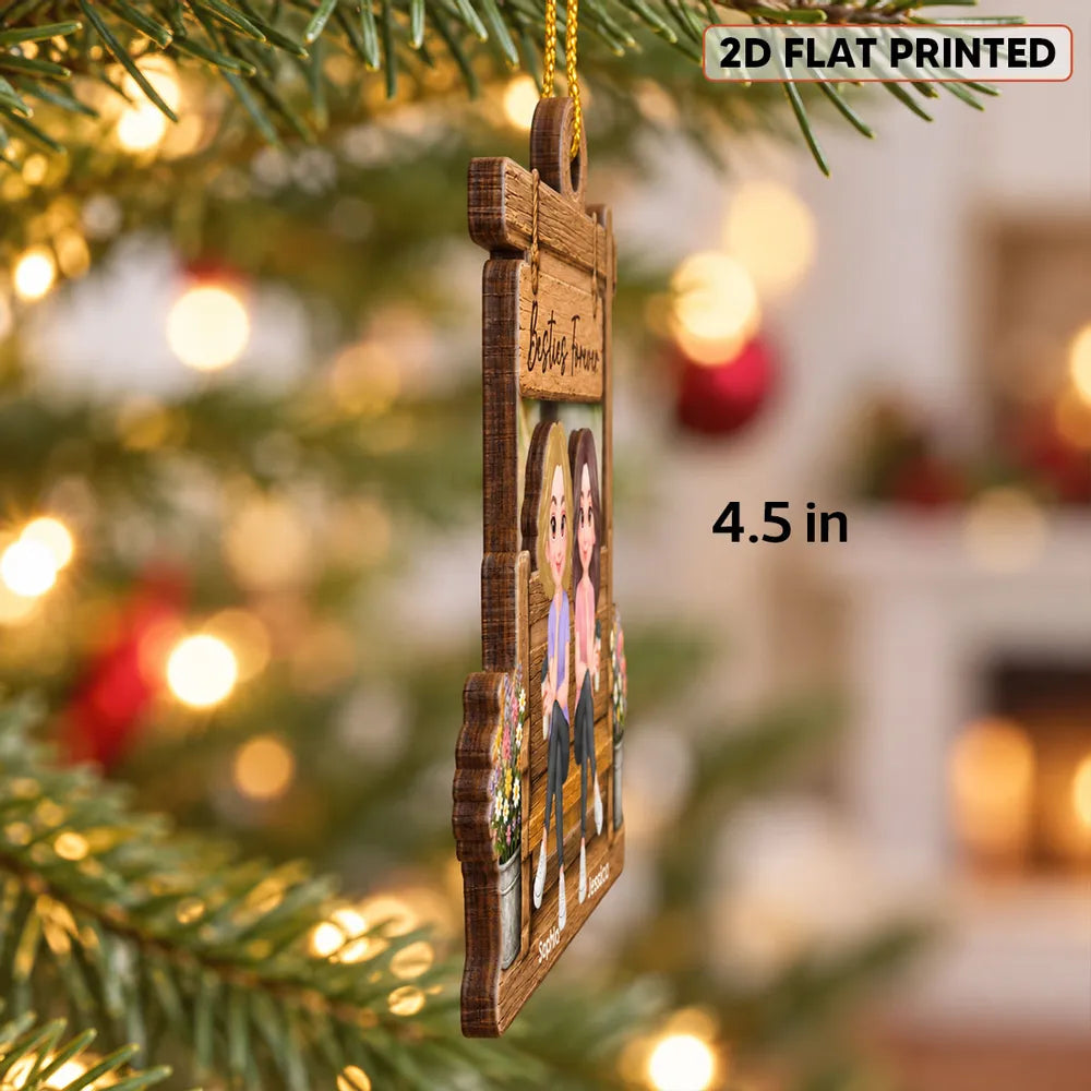 Personalized Wooden Ornament, Besties Forever Friends Sitting on a Warm Brown Bench, Unique Christmas Gift for Sister, Besties