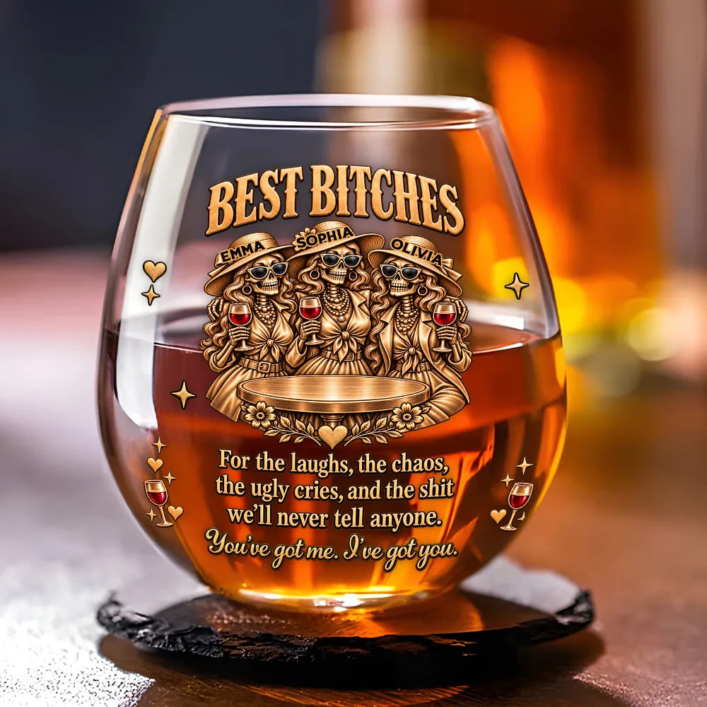 Personalized Whiskey Glass with Sassy Skeleton Friends Holding Drinks, Unique Gift for Close Friends
