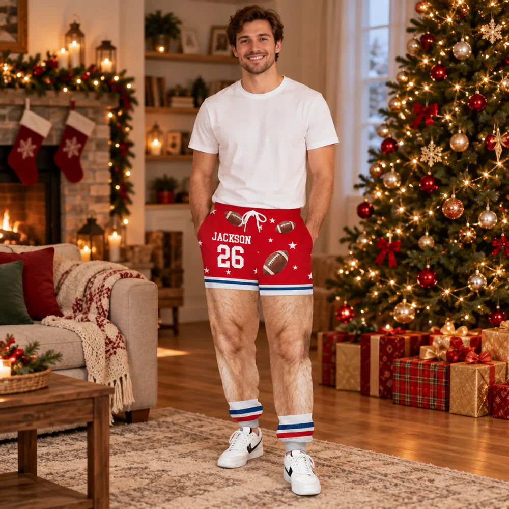 Personalized Men's Sweatpants, Funny Football and Hairy Leg Illusion, Unique Gift for Sports Fans