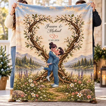 Fleece Blanket with Romantic Mountain Lake Scene and Kissing Couple, Personalized Creative Gift for Her or Him