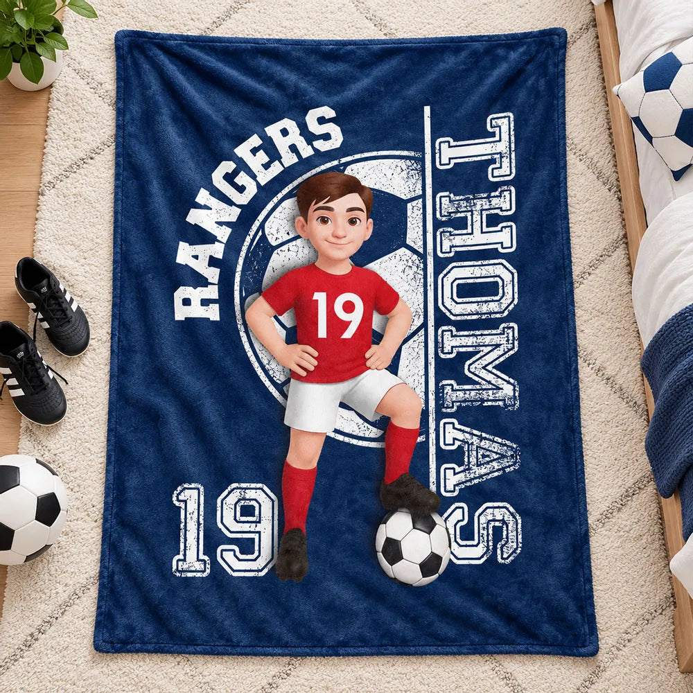 Personalized Fleece Blanket, Soccer Player Posing with Ball, Unique Navy Gift for Son or Grandkid