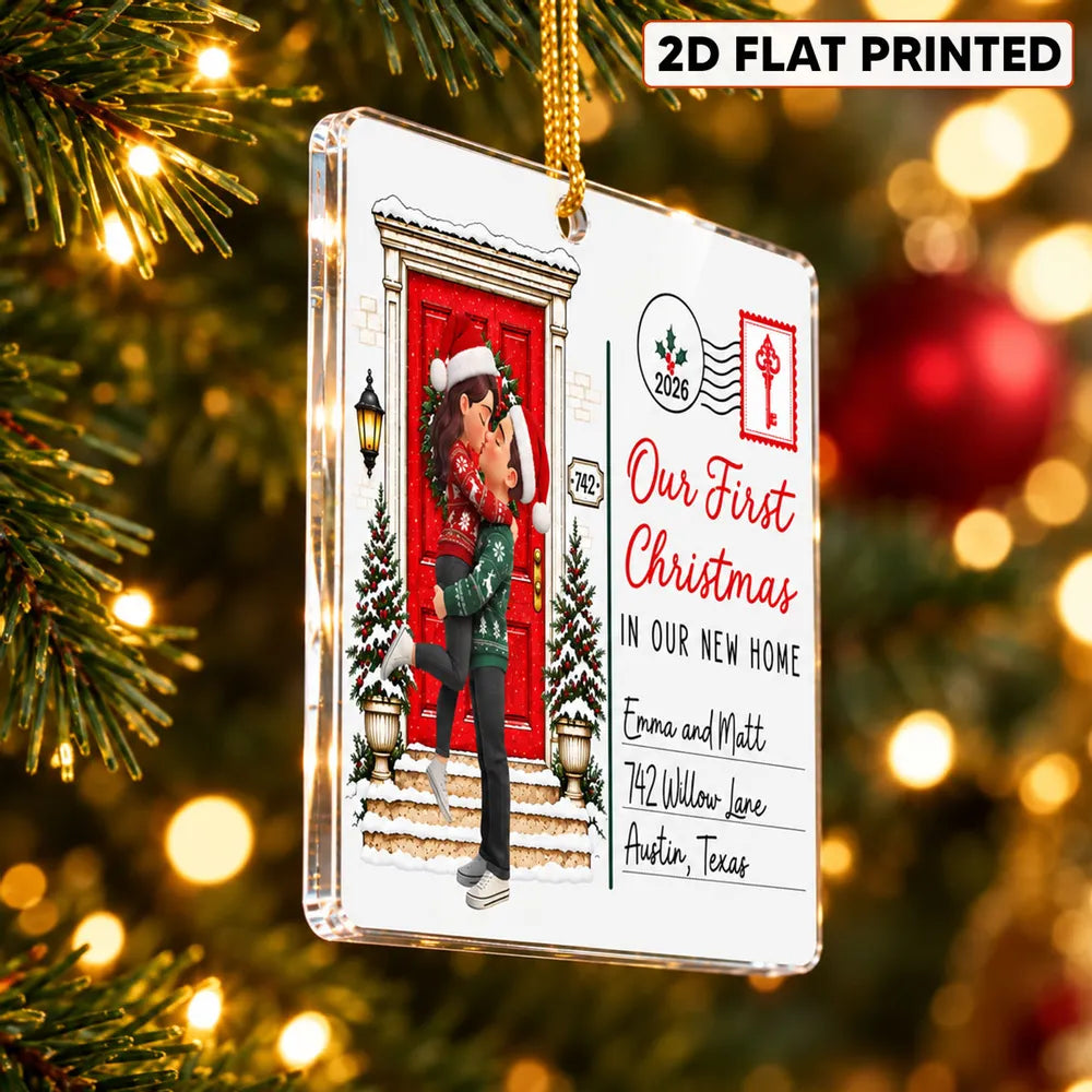 Personalized Acrylic Ornament, Kissing Couple by a Snowy Red Door, Unique Christmas Gift for New Homeowners