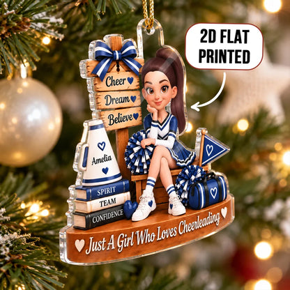 Personalized Acrylic Ornament, Seated Cheerleader with Pom-Poms, Unique Christmas Gift for Daughter