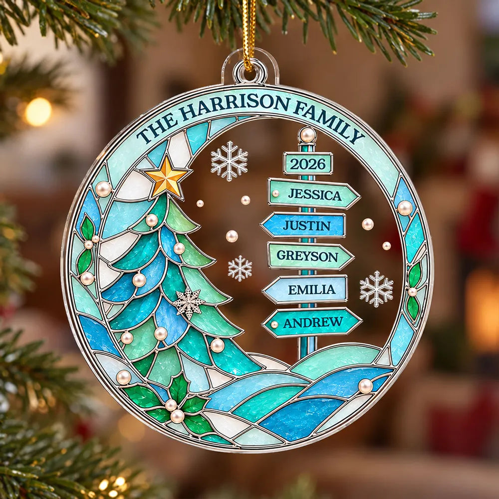 Personalized Acrylic Ornament, Blue Family Signpost and Snowy Tree Christmas Decor, Unique Gift for Parents