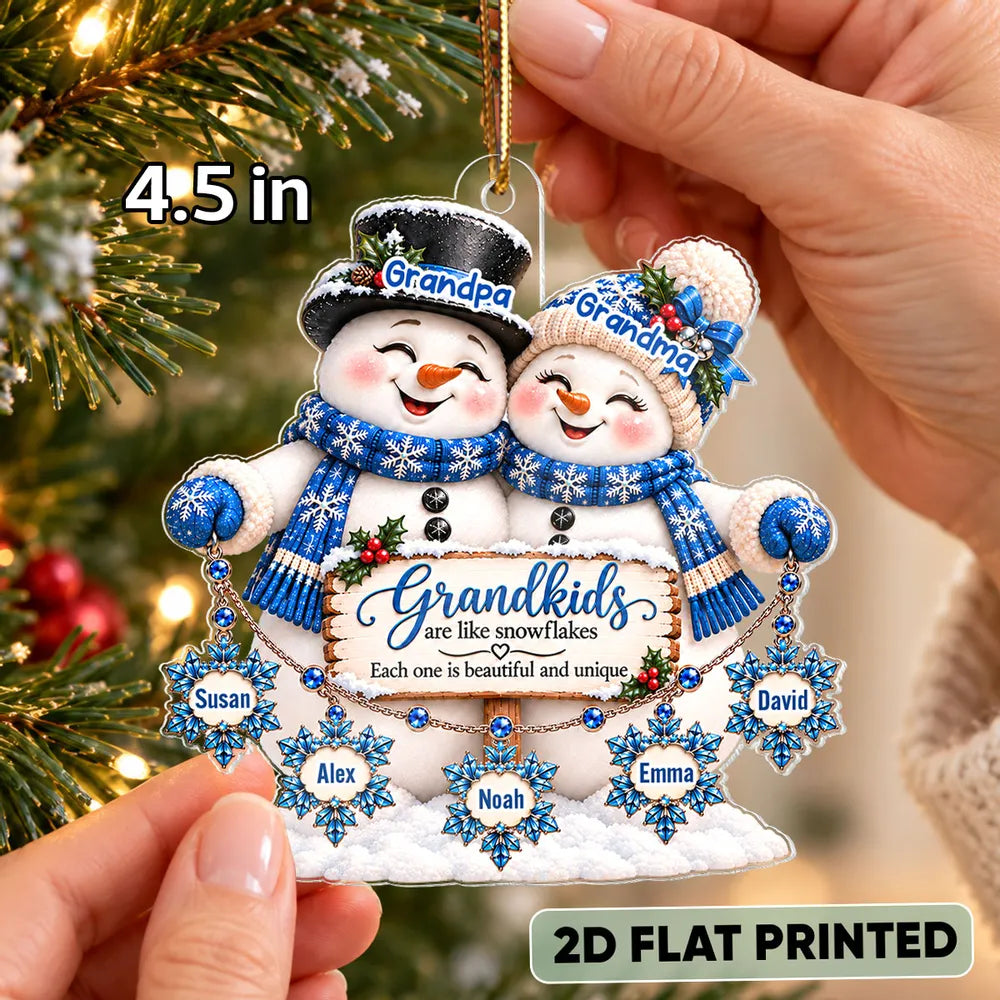 Personalized Acrylic Ornament, Grandma and Grandpa Snowmen with Grandkid Snowflakes, Unique Christmas Gift