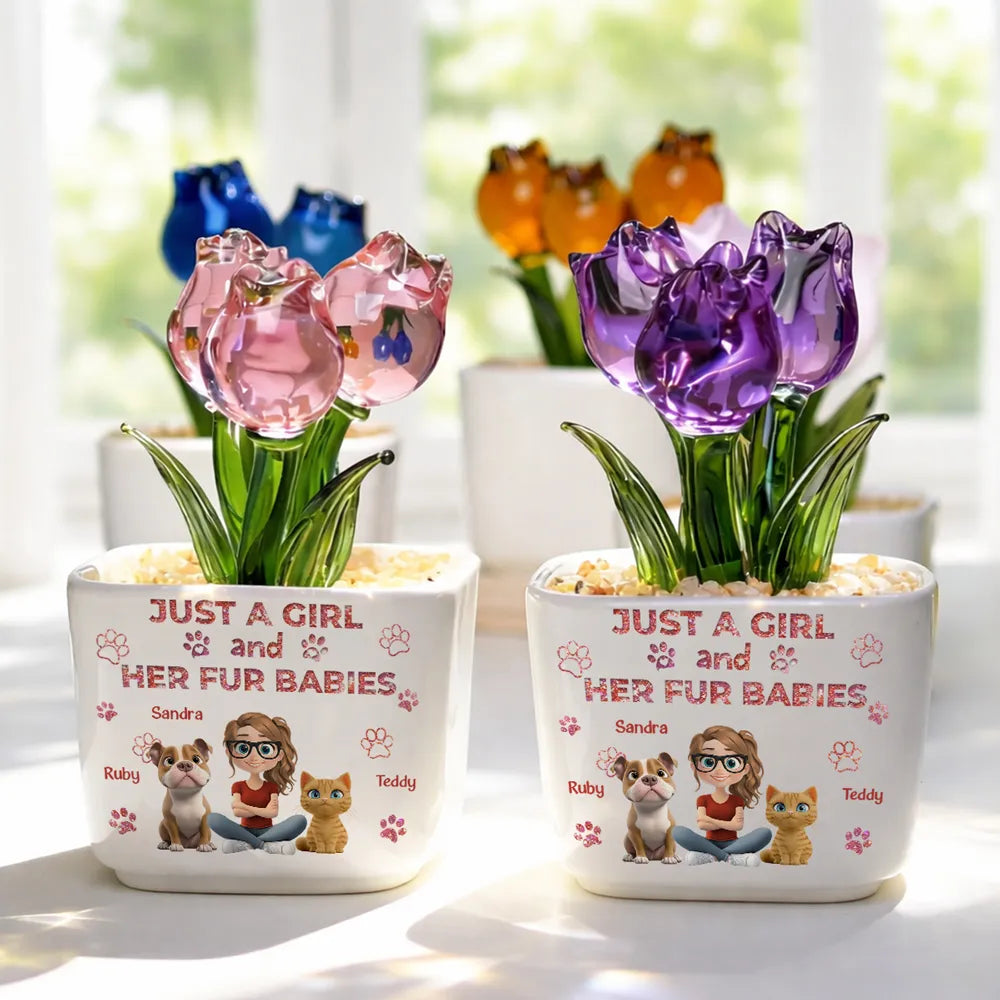 Personalized Square Glass Planter, Pink Tulips With Girl & Fur Babies, Unique Gift For Pet Mom