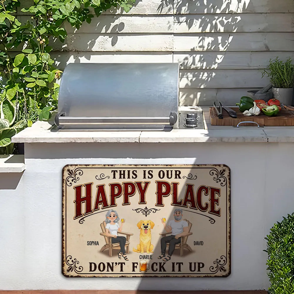 Personalized Rectangular Iron Sign With Seated Couple & Dog, Vintage Happy Place Unique Gift