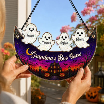 Personalized Acrylic Suncatcher Ornament for Grandma, Moon Boo Crew Halloween Window Decor, Unique Gift
