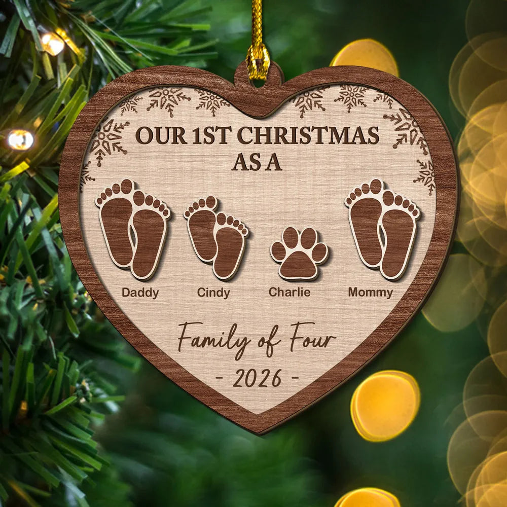 Personalized Wooden Ornament, Our First Christmas Family Footprint Design, Unique Gift for New Parents