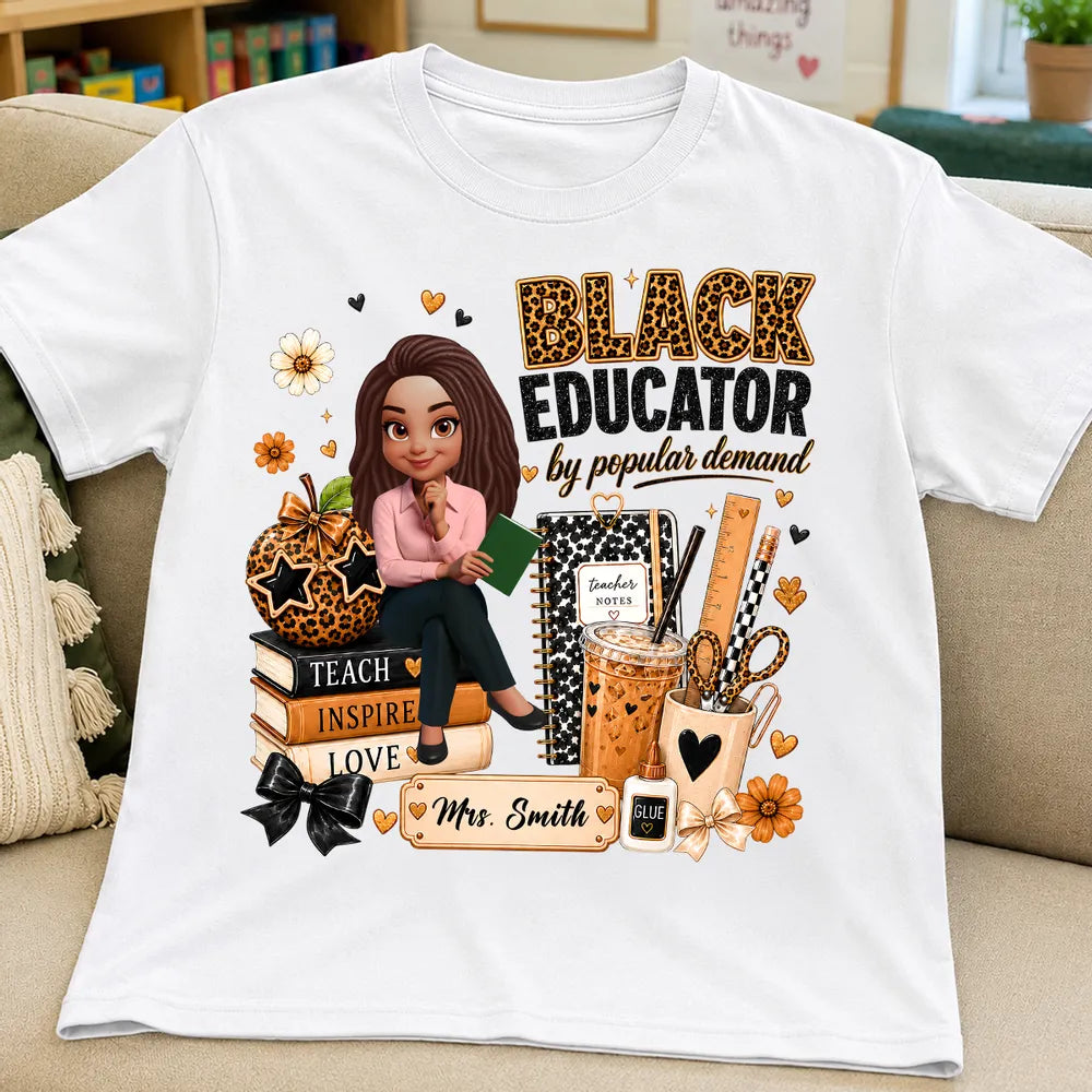 Personalized Black Educator Classic Tee, Cute Teacher Illustration, Unique Back to School Gift