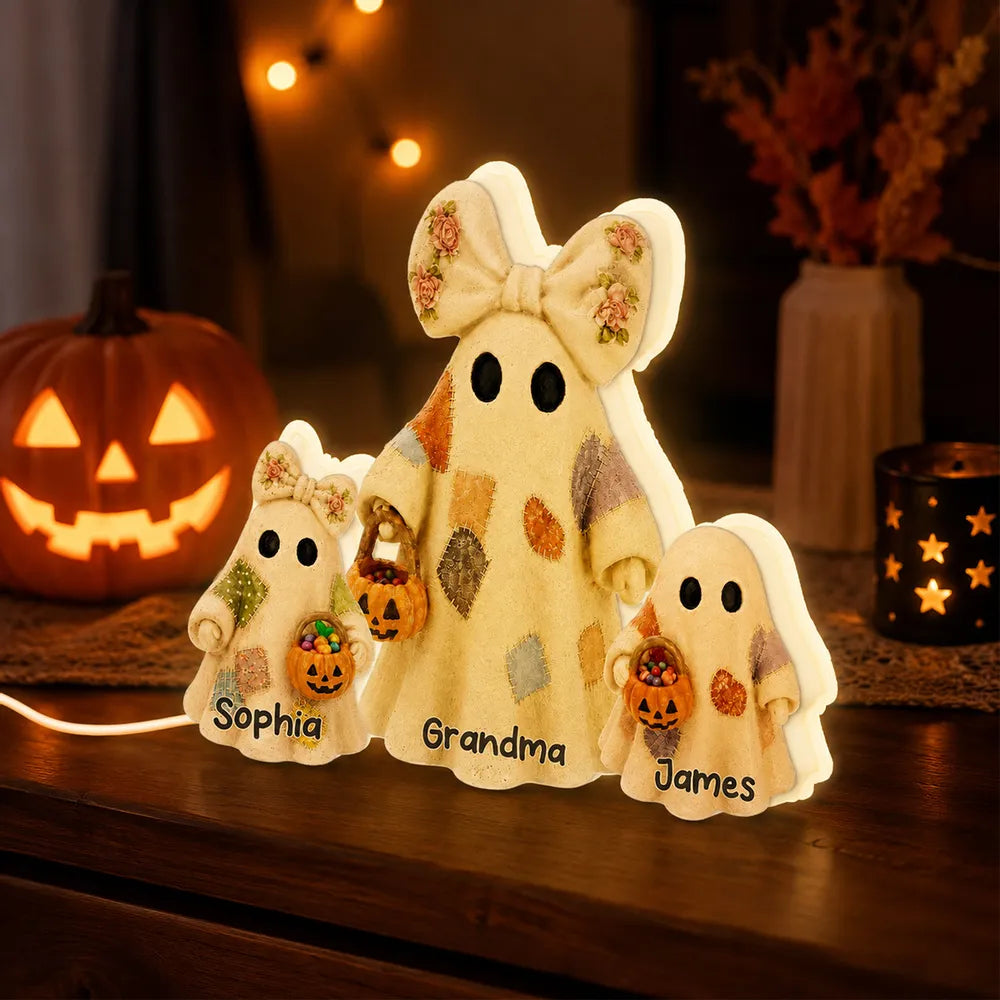 Personalized 2-Layer Wooden Plaque, Grandma Ghost With Trick-or-Treating Grandkids, Unique Halloween Gift