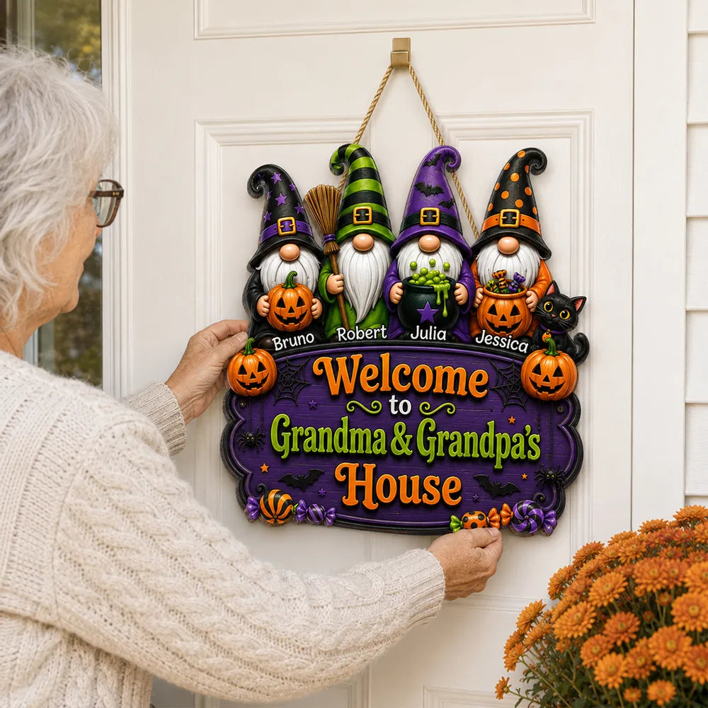 Personalized Wooden Sign With Halloween Gnomes & Pumpkins, Custom Door Decor, Unique Gift for Grandparents