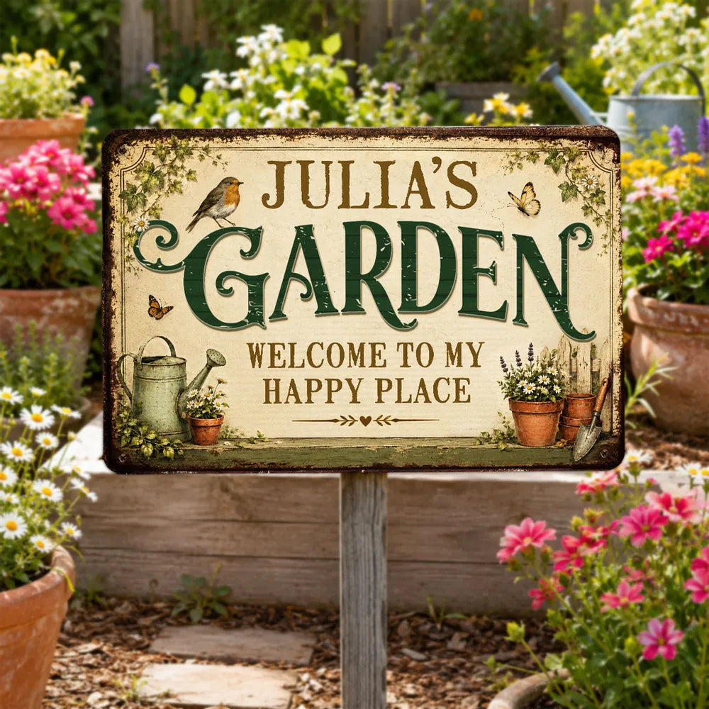 Personalized Rectangular Iron Sign with Vintage Garden Art, Unique Gift for Gardeners