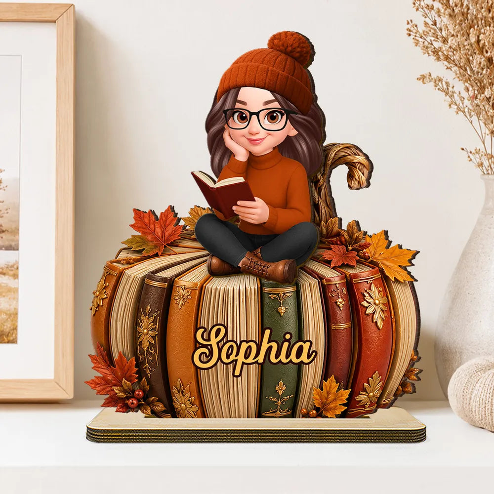 Personalized 2-Layer Wooden Plaque, Girl Reading On Pumpkin Books, Unique Gift For Book Lovers