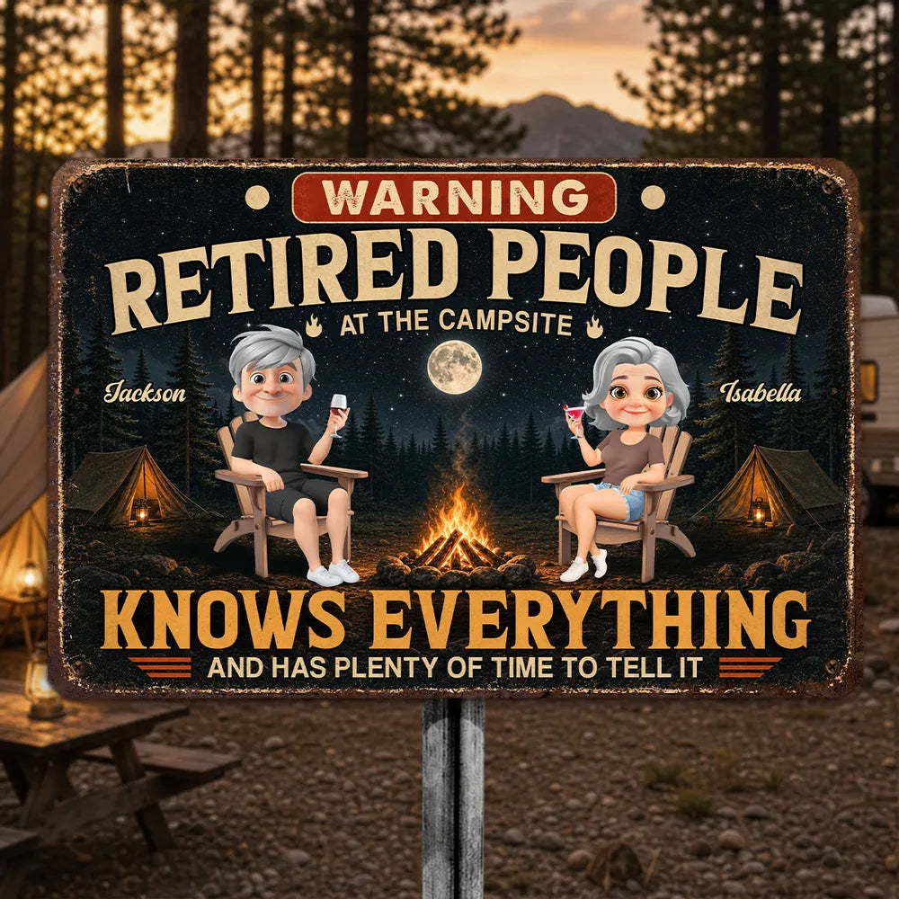 Personalized Rectangular Iron Sign, Retired Campsite Cartoon, Unique Gift for Retirees