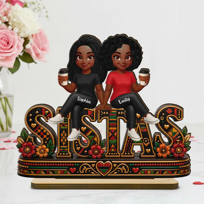 Personalized 2-Layer Wooden Plaque, Sistas Cartoon Display With Coffee Cups, Unique Sister Gift
