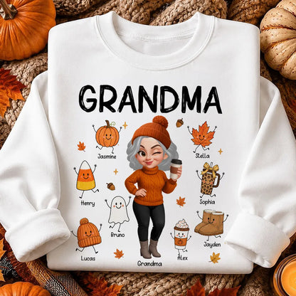 Personalized Classic Tee with Coffee-Holding Grandma and Grandkid Fall Doodles, Unique Autumn Gift for Grandma